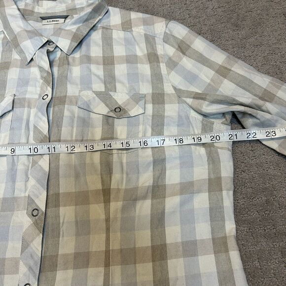 LL Bean Shirt Womens Medium Tan White Flannel Snap Front Casual Outdoor Normcore - Picture 12 of 13